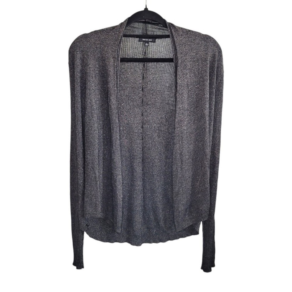 Verve Ami Black & Silver Metallic Knit Open Front Cardigan Sweater Womens Size L